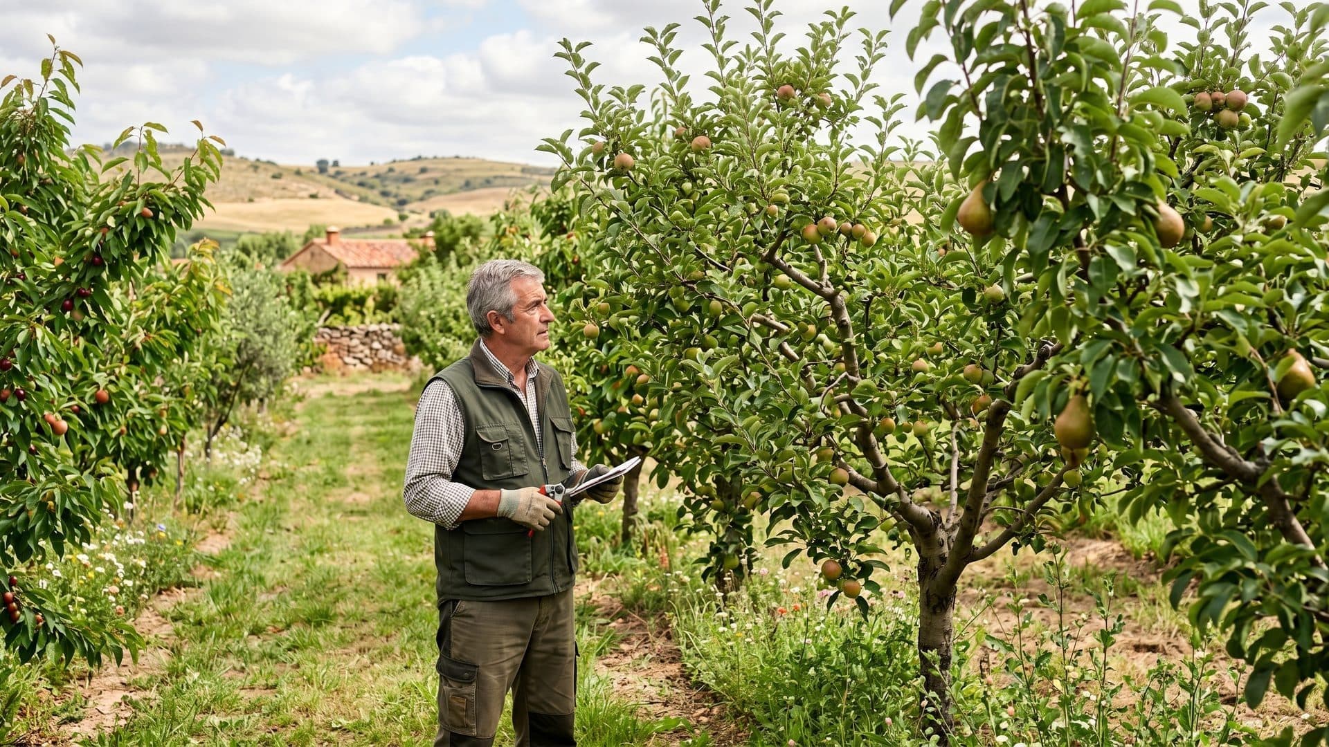 Profesional valorando distintos árboles frutales antes de podarlos en Ourense