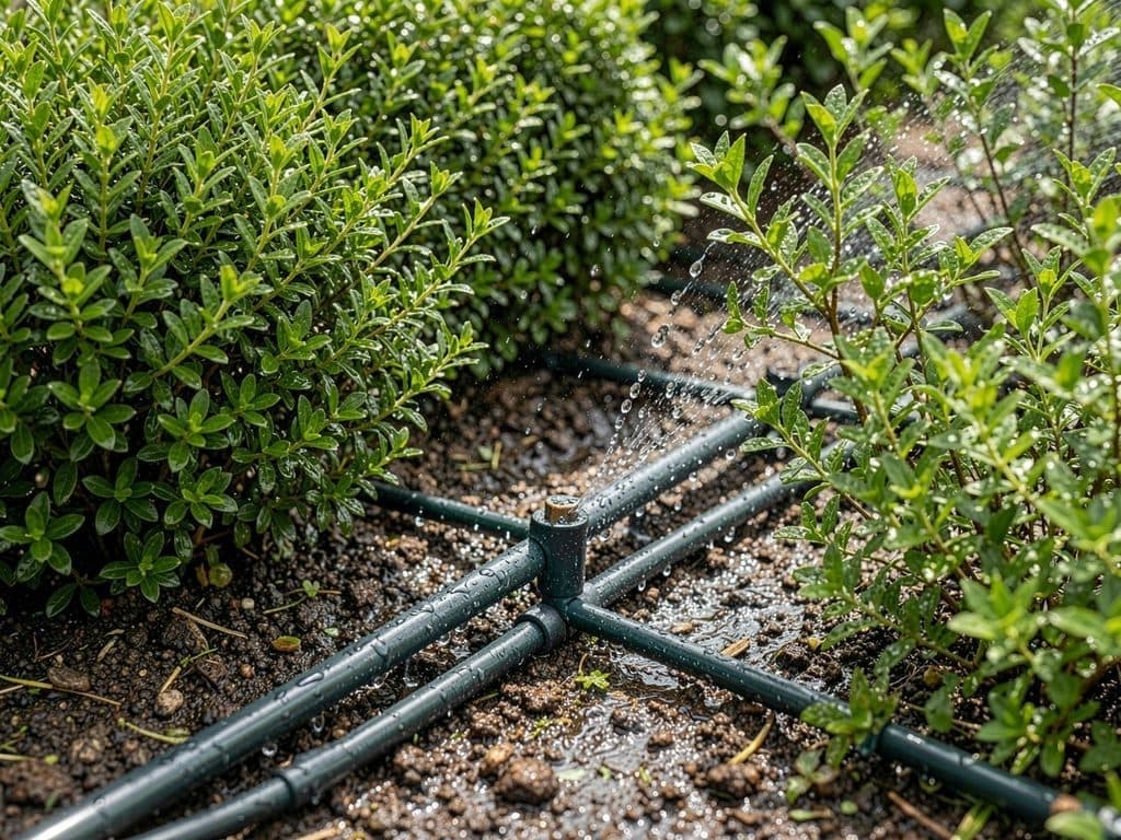 Sistema de riego por goteo funcionando en un jardín cuidado en Ourense